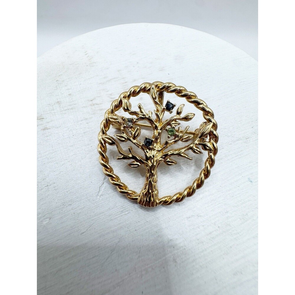 Tree Of Life Small Round Brooch Pendant Colorful Rhinestones - Picture 3 of 8